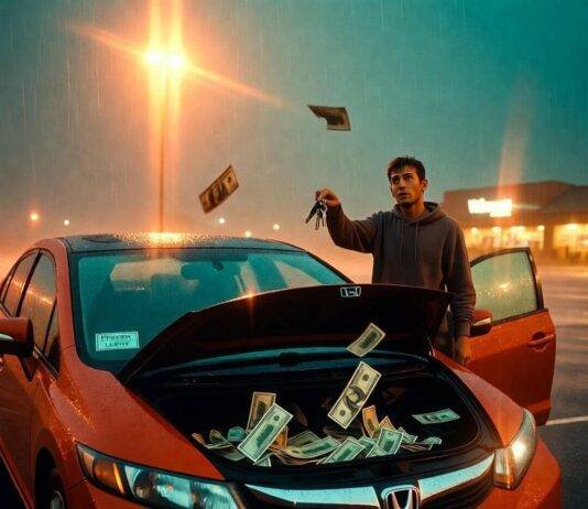 Used vs. Leased Cars: Which Saves You More? Confused guy in rainy Walmart lot holds two keys as cash spills from beat-up Civic's hood.