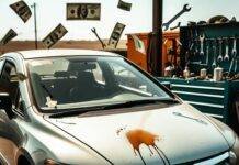 Top 7 Used Cars with the Lowest Maintenance Costs Beat-up 2008 Honda Civic with giant coffee stain, floating dollar-wrench chaos in gritty garage.