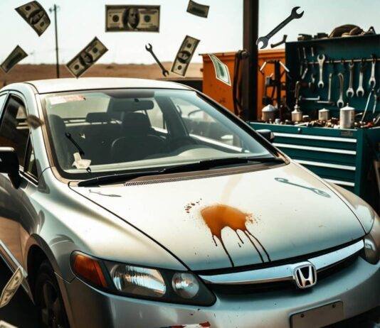 Top 7 Used Cars with the Lowest Maintenance Costs Beat-up 2008 Honda Civic with giant coffee stain, floating dollar-wrench chaos in gritty garage.
