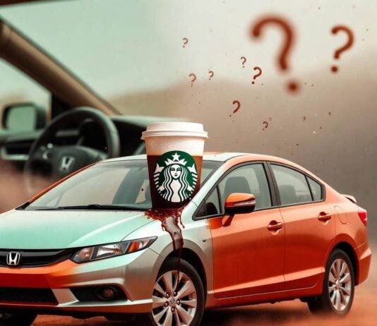 How Often Should You Detail Your Car? Experts Answer Half-clean Honda Civic with leaking Starbucks cup and floating question-mark pollen.