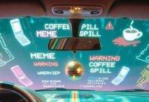 Upgrade Your Ride: The Coolest New Accessories in Auto Tech Neon-lit car dashboard with holographic meme alerts, disco ball mirror, and retro racing stripes. Vaporwave vibes.