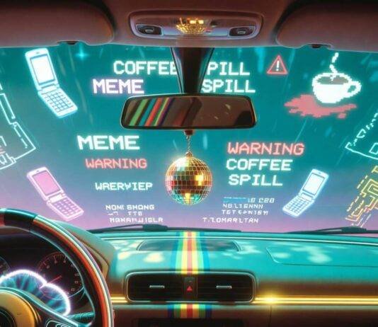 Upgrade Your Ride: The Coolest New Accessories in Auto Tech Neon-lit car dashboard with holographic meme alerts, disco ball mirror, and retro racing stripes. Vaporwave vibes.