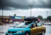 Practical vs. Aesthetic: Which Car Accessories Are Worth It? Beat-up teal-and-mustard Honda Civic with neon underglow and crooked Thule box in rainy Walmart lot.