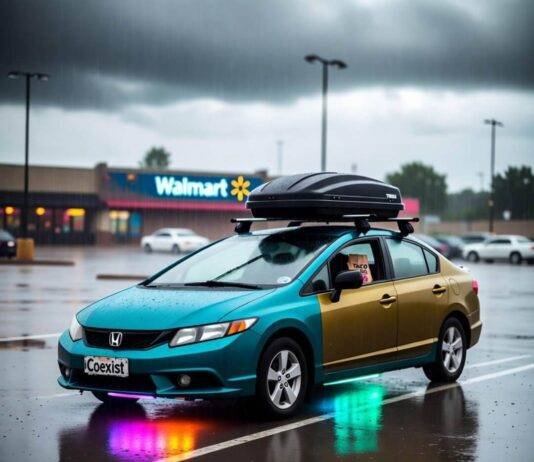 Practical vs. Aesthetic: Which Car Accessories Are Worth It? Beat-up teal-and-mustard Honda Civic with neon underglow and crooked Thule box in rainy Walmart lot.