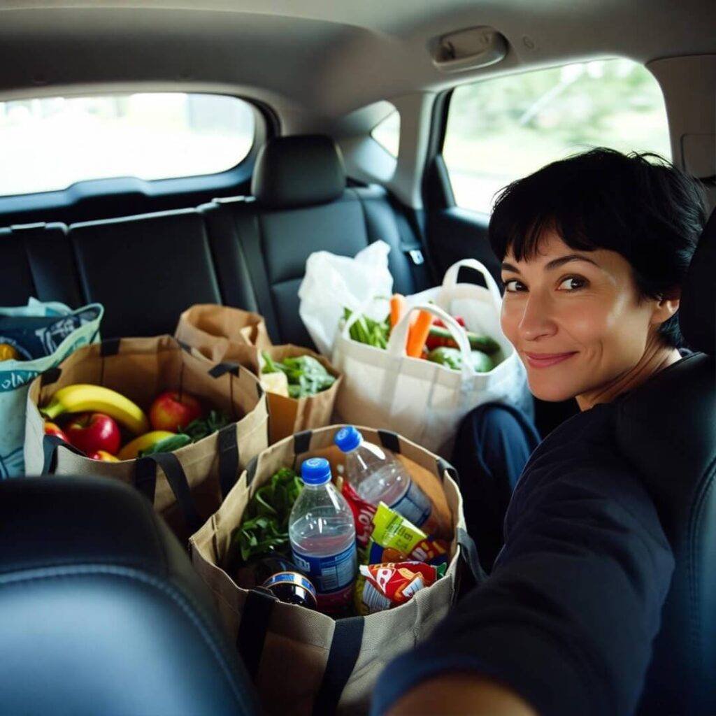 Selfie of woman smiling in cramped backseat, surrounded by overflowing grocery bags.