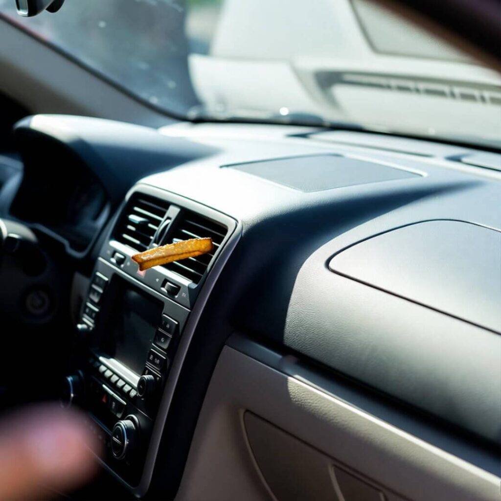 Clean dashboard, one ancient fry on vent, thumb discovering it.