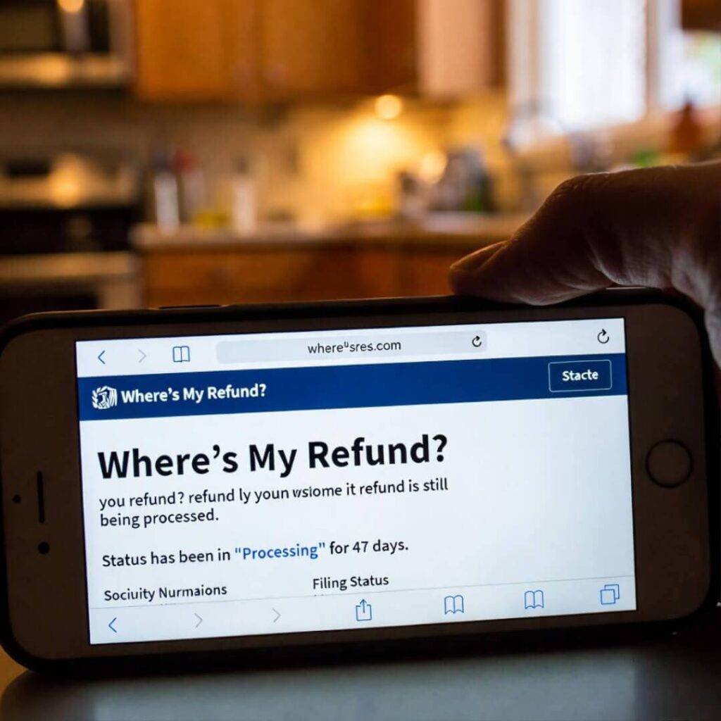 Phone screen shows IRS refund stuck in "Processing" for 47 days.