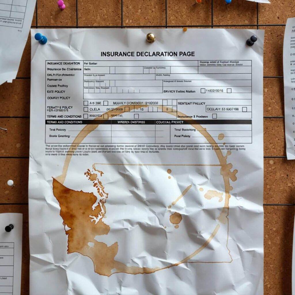 Crumpled insurance page on corkboard, coffee stain shaped like Washington state.
