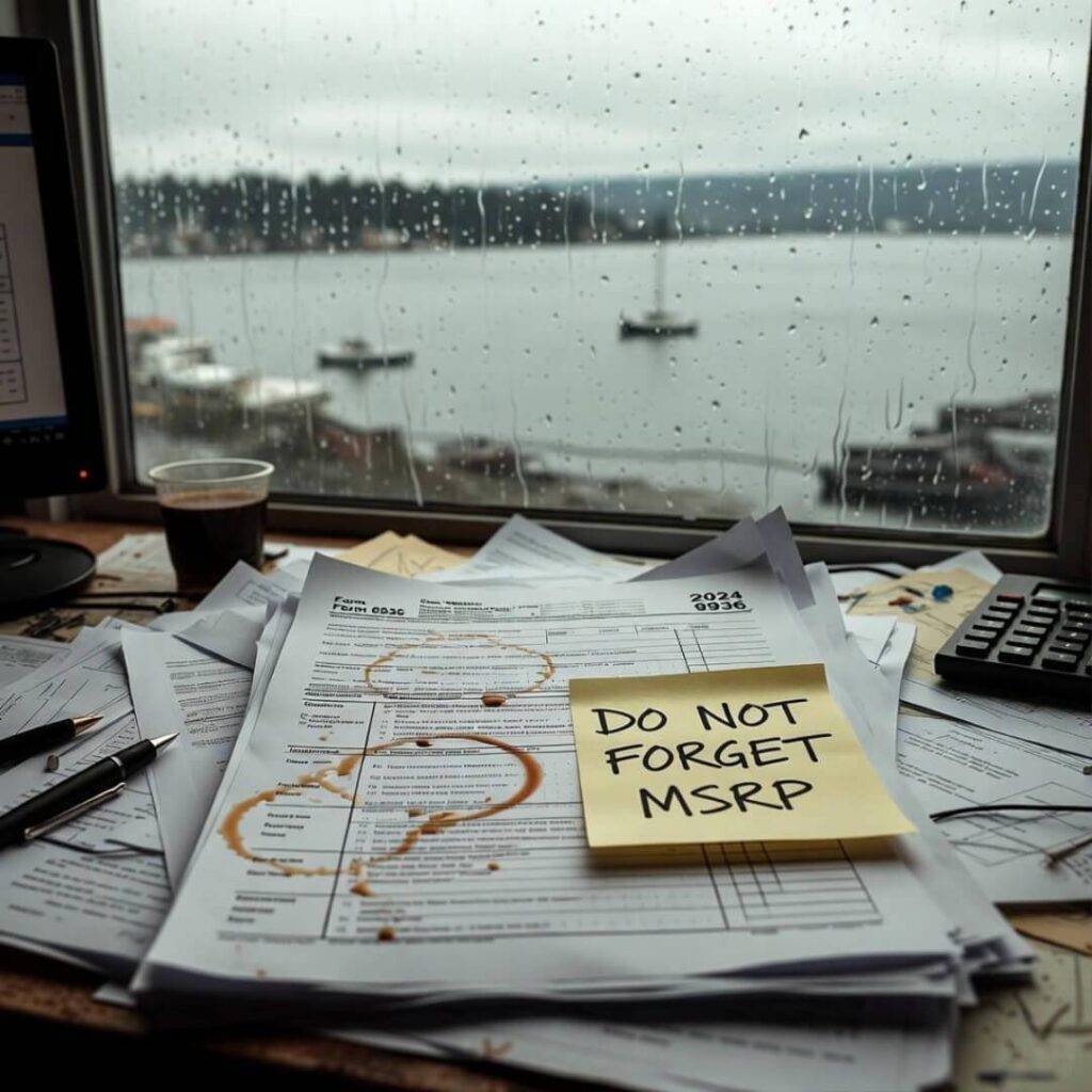 Cluttered desk with coffee-stained 2024 Form 8936, "DO NOT FORGET MSRP" Post-it, rainy Puget Sound view.
