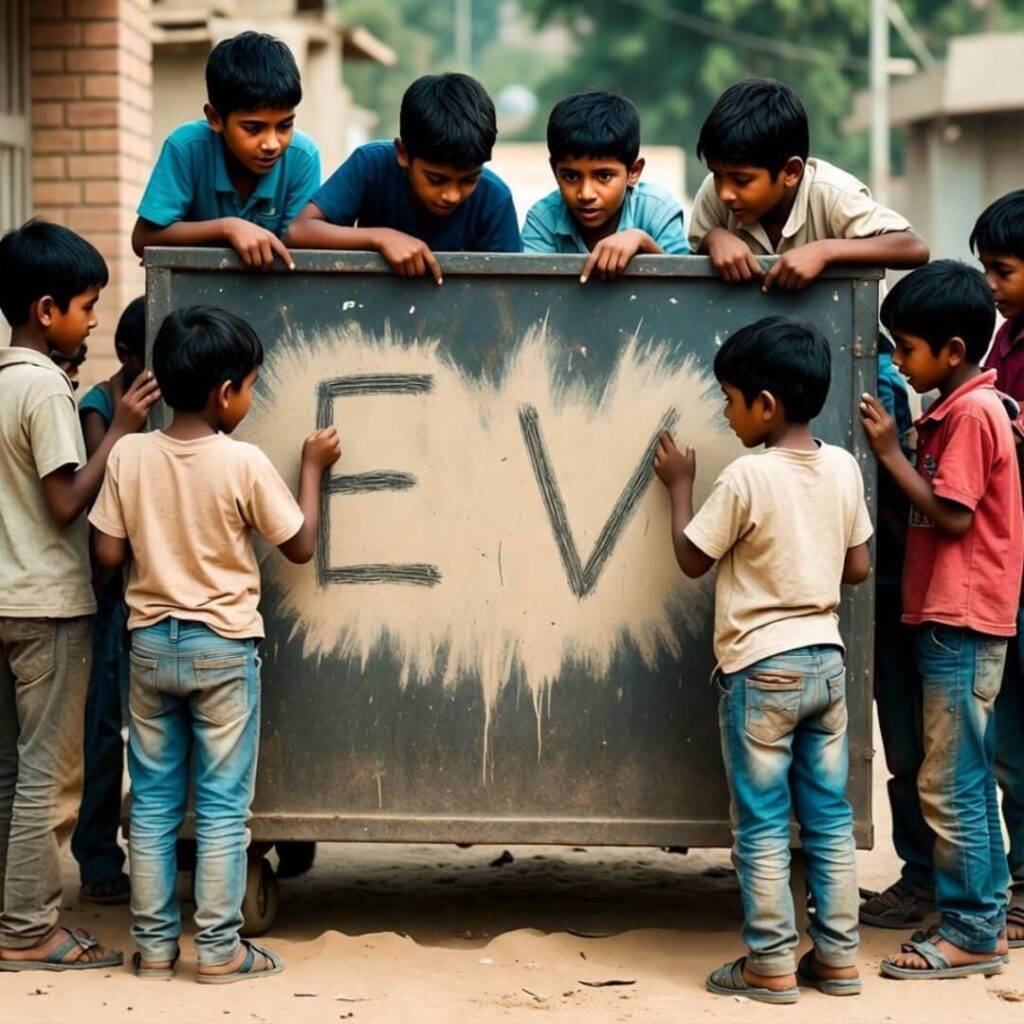 Kids drawing "EV" in dust on dumpster beside parked car.