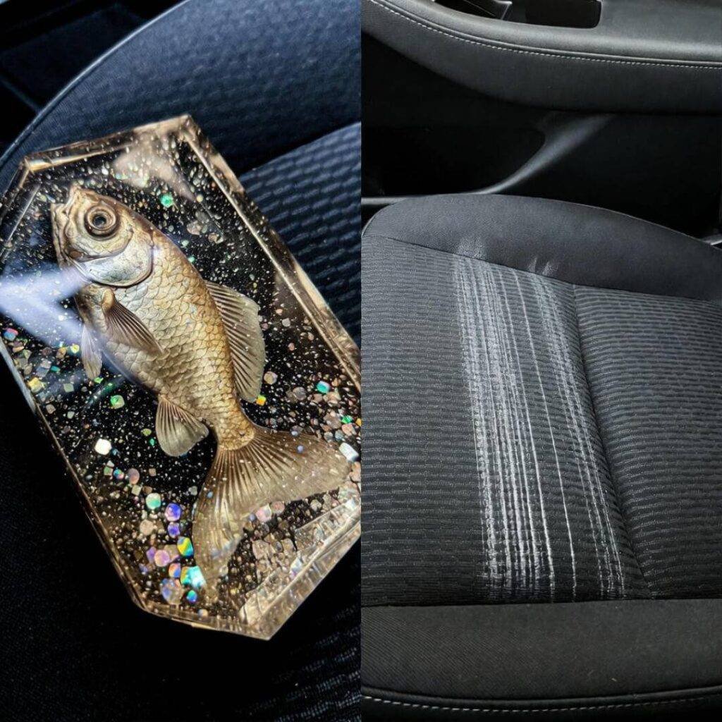 Backseat split: left fossilized Goldfish and glitter, right pristine vacuum lines.