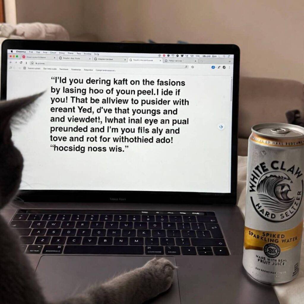 Laptop mid-quote, cat paw on trackpad, half-empty White Claw.