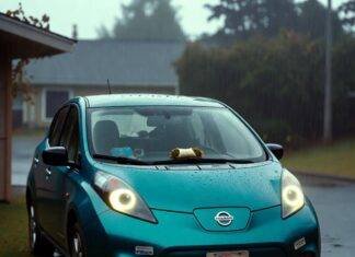 Top 5 Affordable Electric Cars You Can Buy Right Now Rain-soaked teal Nissan Leaf with glowing headlights, burrito on dash, "I Voted" sticker.