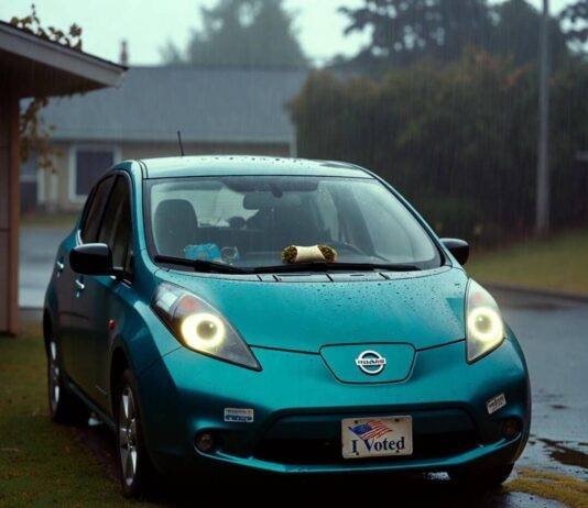 Top 5 Affordable Electric Cars You Can Buy Right Now Rain-soaked teal Nissan Leaf with glowing headlights, burrito on dash, "I Voted" sticker.