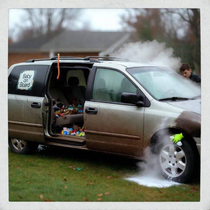 Muddy minivan on soggy lawn, open door reveals chaos, detailer scrubs wheel, steam rises. Muddy minivan on soggy lawn, open door reveals chaos, detailer scrubs wheel, steam rises.
