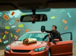 Buying a New Car? Avoid These 7 Common Mistakes Bewildered driver holds giant key fob beside burrito-smeared red car with floating price tags.