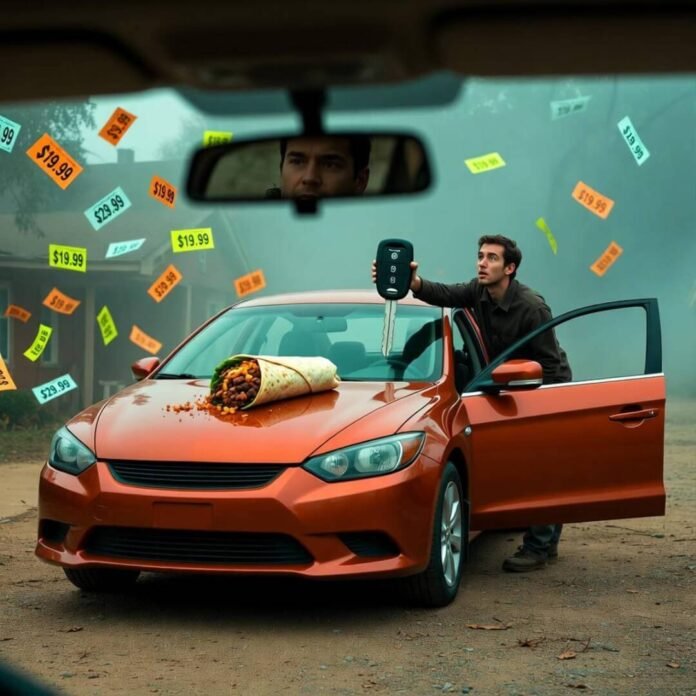 Bewildered driver holds giant key fob beside burrito-smeared red car with floating price tags. Bewildered driver holds giant key fob beside burrito-smeared red car with floating price tags.