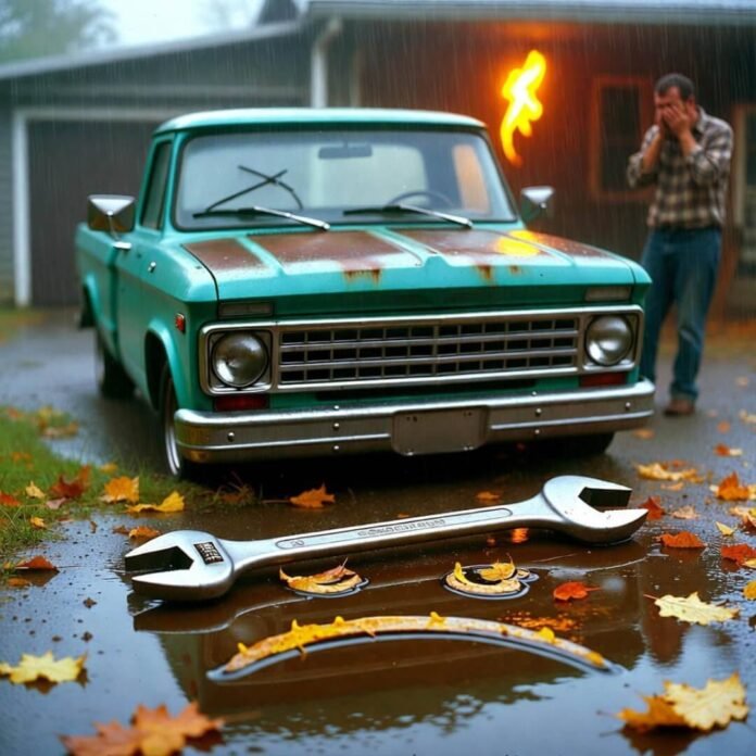 Rusty teal truck, giant wrench in oily puddle with leaf frowny face, facepalming driver.