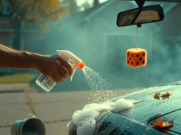 How to Detail Your Car Like a Pro (Even If You’re a Beginner)? Trembling hand over-soaps dusty car hood; bucket tips, suds spill, neon dice dangles.