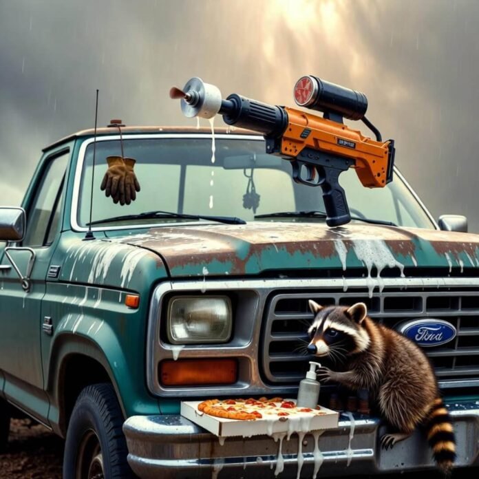 Rusty Ford truck with foam cannon, raccoon, pizza box, and dangling gloves.