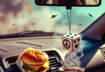Interior Car Detailing Tricks That Will Blow Your Mind Floating cheeseburger and coffee in chaotic car with UFO dust and swinging dice.
