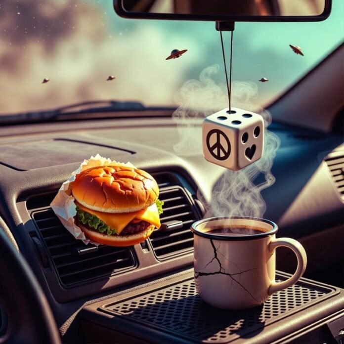 Floating cheeseburger and coffee in chaotic car with UFO dust and swinging dice.