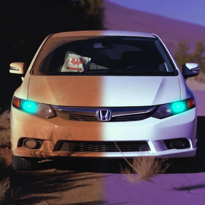 Half-dirty 2012 Honda Civic at dusk, teal headlights glowing, tumbleweed photobombing. Half-dirty 2012 Honda Civic at dusk, teal headlights glowing, tumbleweed photobombing.