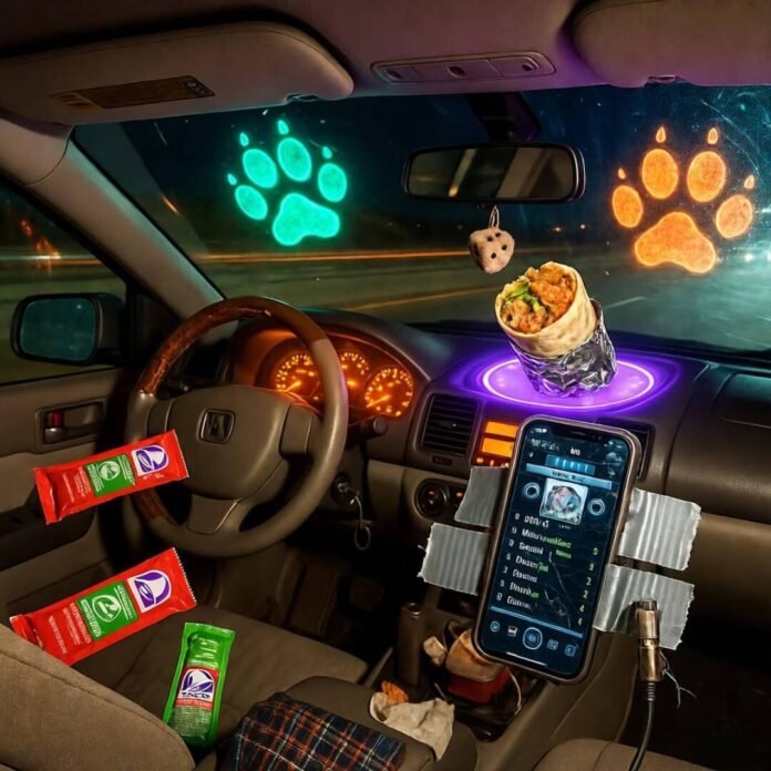 Half-eaten burrito on glowing HUD, duct-taped phone plays 90s mixtape, neon paw prints.