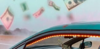 Cheap Car Accessories That Make a Big Difference Beat-up teal Honda Civic with neon LEDs, fast-food bag phone mount, swaying succulent, floating ghosted dollars.