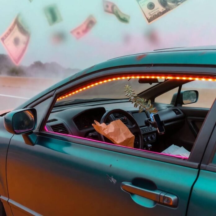Beat-up teal Honda Civic with neon LEDs, fast-food bag phone mount, swaying succulent, floating ghosted dollars.