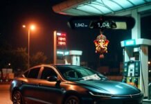 These New Cars Are Changing the Game in Fuel Efficiency Matte-black hybrid sedan at flickering Mumbai pump, cat licks diesel, 1,042 km glows.