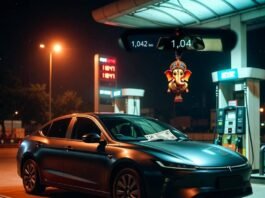 These New Cars Are Changing the Game in Fuel Efficiency Matte-black hybrid sedan at flickering Mumbai pump, cat licks diesel, 1,042 km glows.