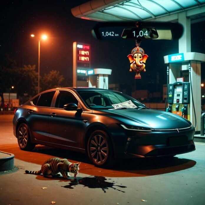 Matte-black hybrid sedan at flickering Mumbai pump, cat licks diesel, 1,042 km glows.