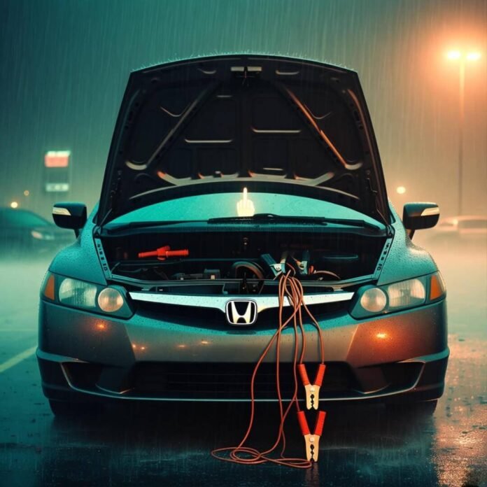 Rain-soaked Honda Civic at 2 a.m., hood up, jumper cables limp, tiny middle-finger dash light glowing.