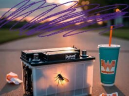 Top 5 Car Batteries in 2025: Performance vs. Price Glowing firefly inside half-open DieHard battery beside Whataburger cup at golden hour. Purple crayon sky.