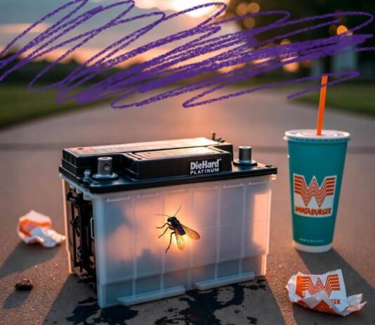 Top 5 Car Batteries in 2025: Performance vs. Price Glowing firefly inside half-open DieHard battery beside Whataburger cup at golden hour. Purple crayon sky.