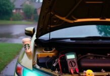 Car Battery Maintenance 101: Extend Its Life the Smart Way Rain-soaked Honda Civic under teal headlights, multimeter glowing, Starbucks cup judging, rubber duck in puddle.