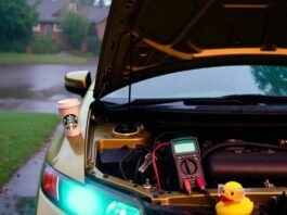 Car Battery Maintenance 101: Extend Its Life the Smart Way Rain-soaked Honda Civic under teal headlights, multimeter glowing, Starbucks cup judging, rubber duck in puddle.