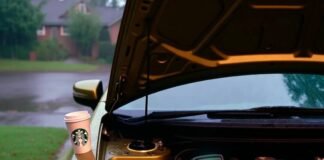 Car Battery Maintenance 101: Extend Its Life the Smart Way Rain-soaked Honda Civic under teal headlights, multimeter glowing, Starbucks cup judging, rubber duck in puddle.