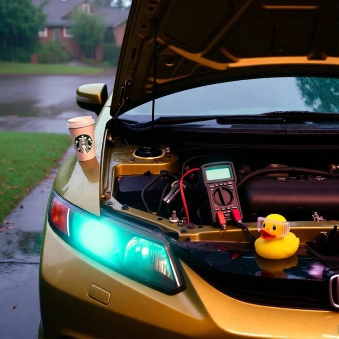 Rain-soaked Honda Civic under teal headlights, multimeter glowing, Starbucks cup judging, rubber duck in puddle.