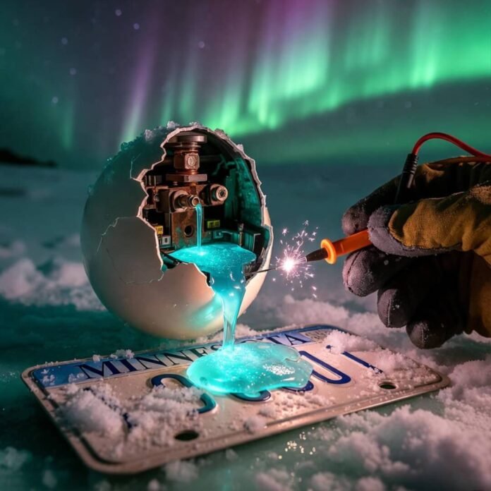 Cracked frozen battery spills glowing blue electrolyte on snowy Minnesota plate under aurora.
