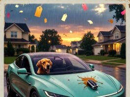 Top10 New Cars for 2025: Affordable Luxury Without Breaking the Bank Teal electric car with coffee spill, dog chewing key fob, price tag confetti.