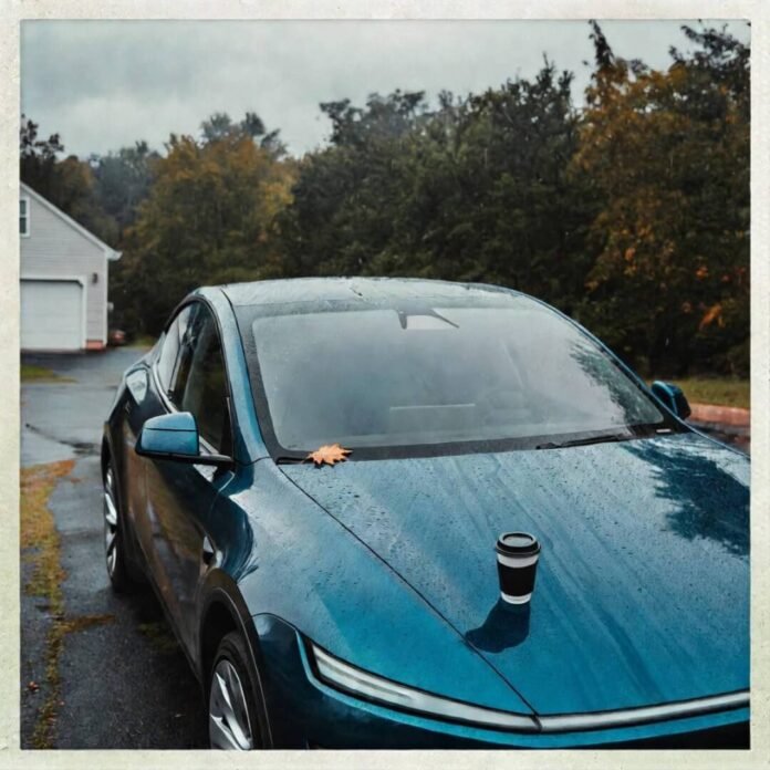 Rain-soaked teal Tesla Model Y with coffee cup, autumn leaf, and skeptical reflection in puddle.