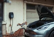 Charging Your EV at Home: A Complete Beginner’s Guide Beat-up Tesla, half-plugged charger, leaping squirrel, coffee spill, pink cord chaos.