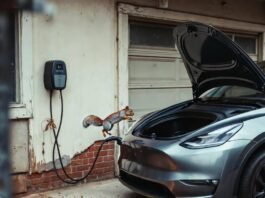 Charging Your EV at Home: A Complete Beginner’s Guide Beat-up Tesla, half-plugged charger, leaping squirrel, coffee spill, pink cord chaos.