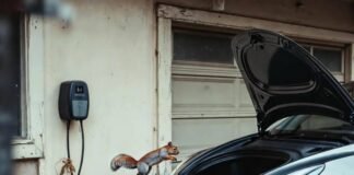 Charging Your EV at Home: A Complete Beginner’s Guide Beat-up Tesla, half-plugged charger, leaping squirrel, coffee spill, pink cord chaos.
