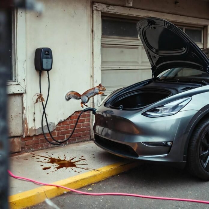 Beat-up Tesla, half-plugged charger, leaping squirrel, coffee spill, pink cord chaos. Beat-up Tesla, half-plugged charger, leaping squirrel, coffee spill, pink cord chaos.