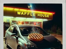 Top 10 Hybrid Cars That Deliver the Best Fuel Efficiency Dusty Prius at neon Waffle House, steaming waffle on dash, firefly glows inside.