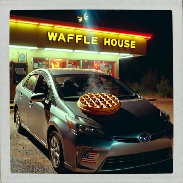 Dusty Prius at neon Waffle House, steaming waffle on dash, firefly glows inside.