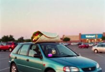Best New Cars for First-Time Buyers in 2025 Teal hatchback crooked across two Walmart spots, burrito on roof, dawn light.